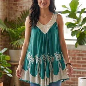 Teal Sleeveless Blouse Embroidered Top Tropical Palm Trees Boho SB Fashion OS